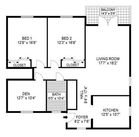 Floor plan for 2 beds, 1 bath, 867 sqft